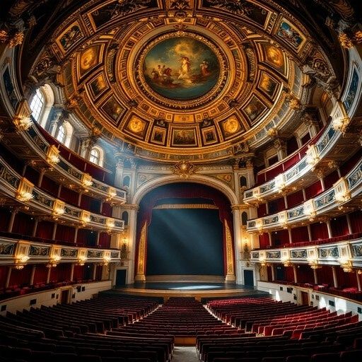 Historischer Theatersaal mit Logen, rotem Vorhang und reich verzierter Decke